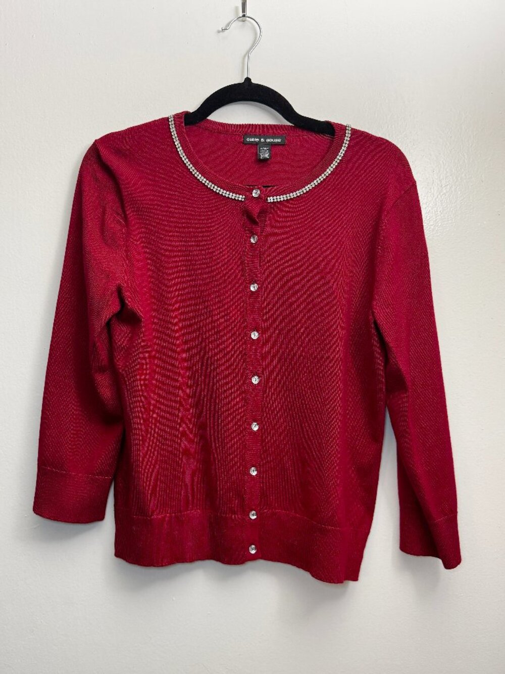 Cable & Gauge - M - Red Rhinestone Neckline Cardigan